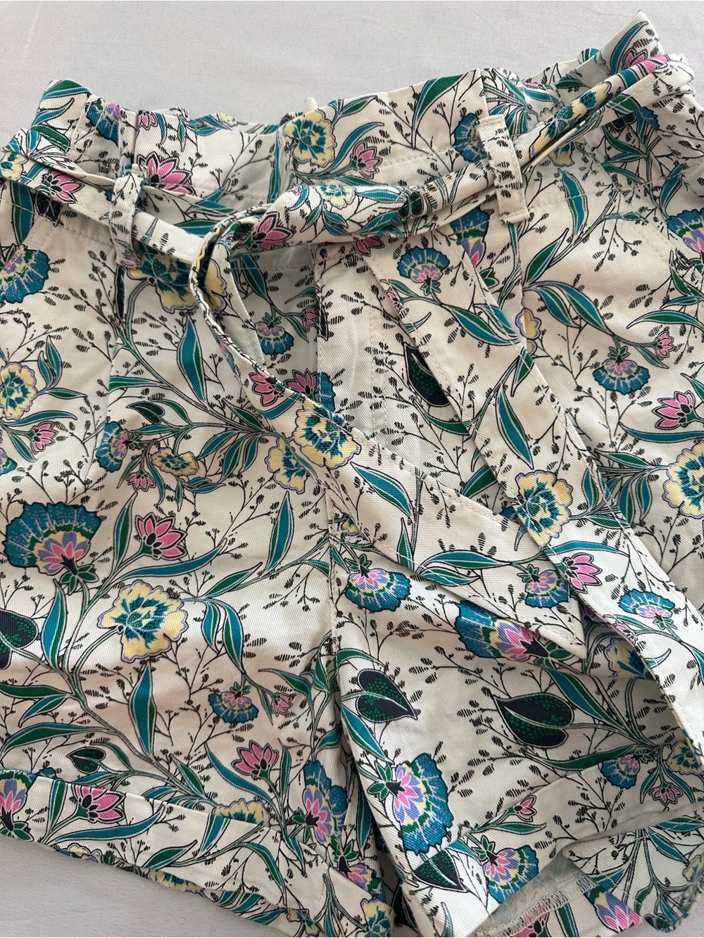 LOFT Cream Floral Paperbag Tie Waist Shorts 100% cotton sz 6 Teal, pink